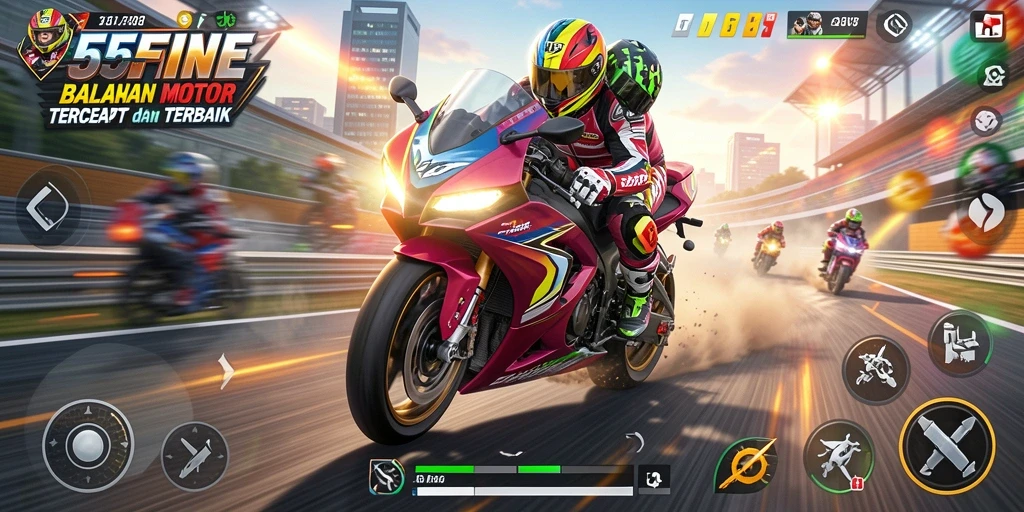 Tampilan gameplay balapan motor yang seru dan mendebarkan.