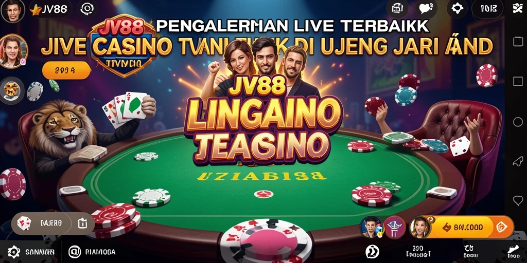 Screenshot gameplay JV88 menunjukkan dealer live dan suasana kasino yang mendebarkan.