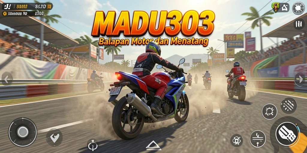 Tampilan gameplay seru dari MADU303 yang penuh aksi balapan motor.