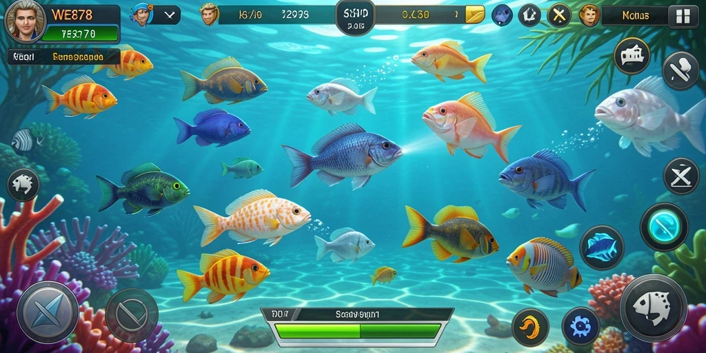Screenshot gameplay WE878 menampilkan aksi seru menembak ikan.